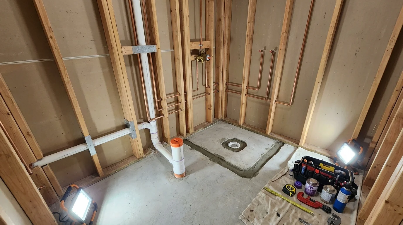 Bathroom rough-in plumbing during remodel by Johns Plumbing LLC in New Lenox