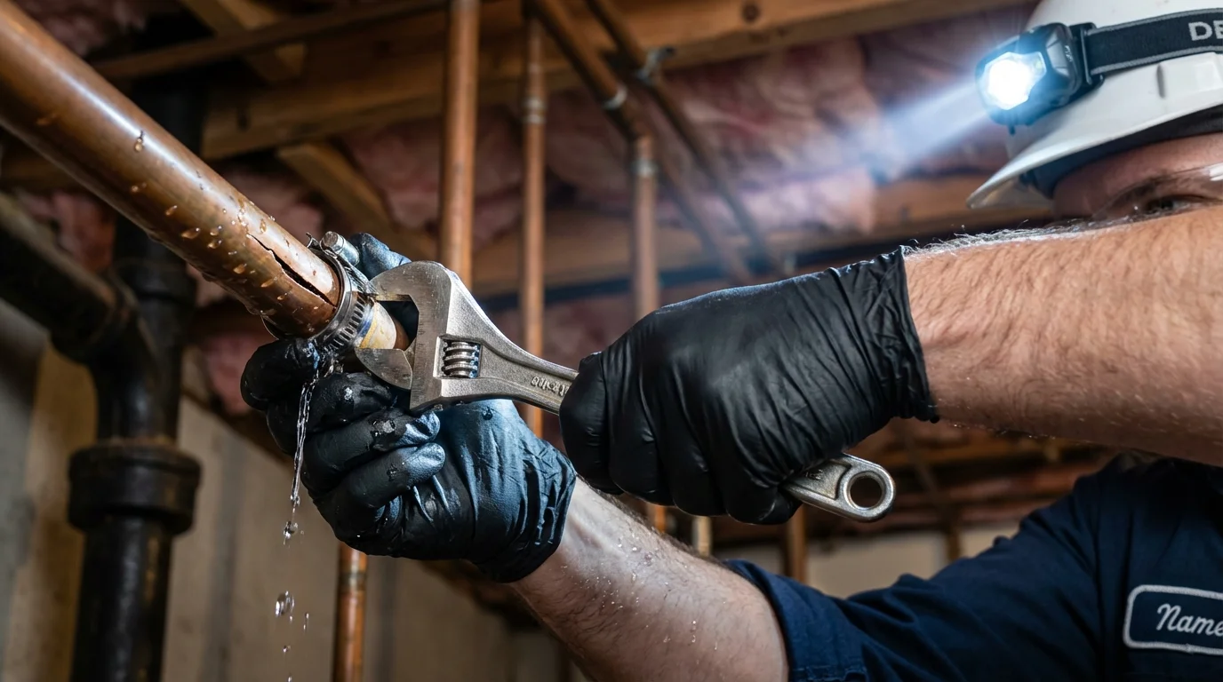 Emergency pipe clamp repair being performed by a Johns Plumbing LLC plumber in New Lenox