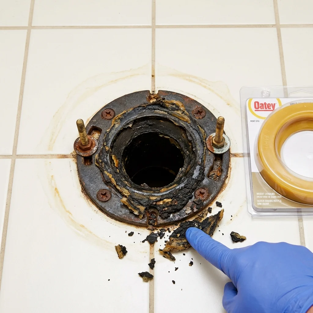 Failed wax ring showing water seepage at the base of a toilet in a New Lenox, IL home