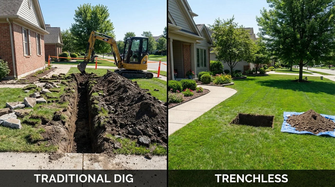Trenchless sewer repair with minimal yard damage versus traditional excavation in New Lenox, IL