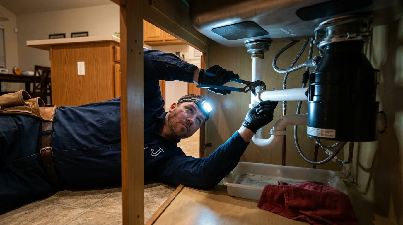 P-trap and supply line connections under a kitchen sink showing a common leak point in New Lenox, IL